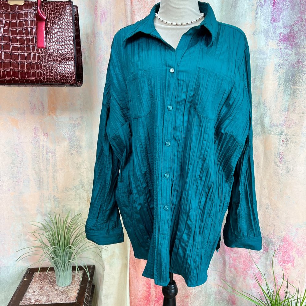 📌Canda Seersucker Jade Green Button Down Long Shirt with Roll up Sleeves
